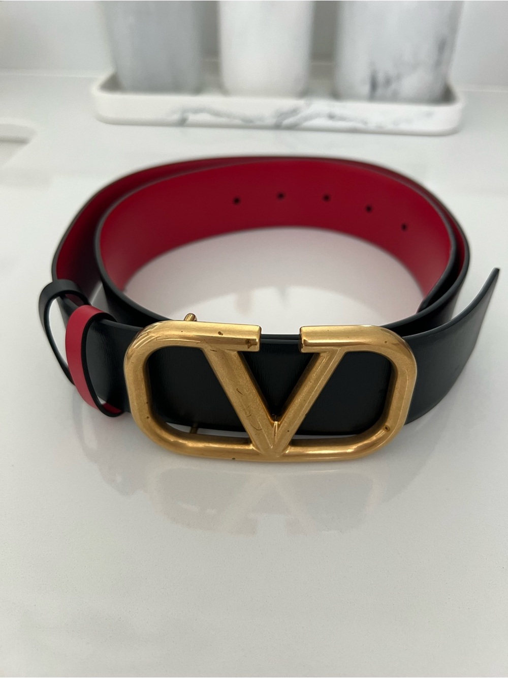 Valentino Reversible Black and Red Leather V-Buckle Belt